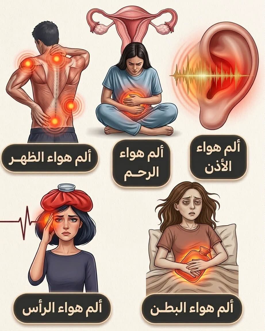 ● ألم هواء الأذن : بسبب نزلة برد ● ألم هواء الرحم :